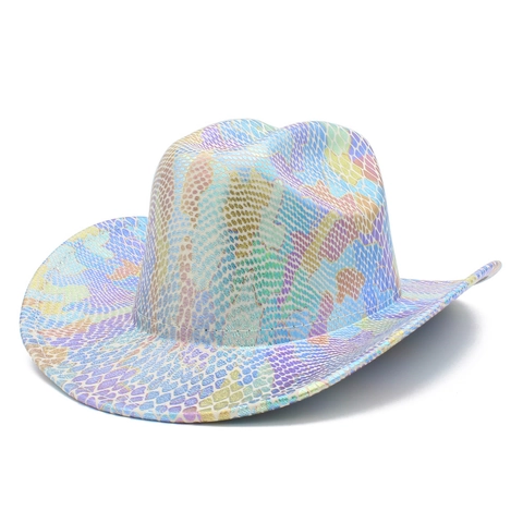 Holographic Snakeskin Western Cowboy Hat Metallic Rainbow Cowgirl Hat For Music Festival Carnival Costume Party Performance Unisex