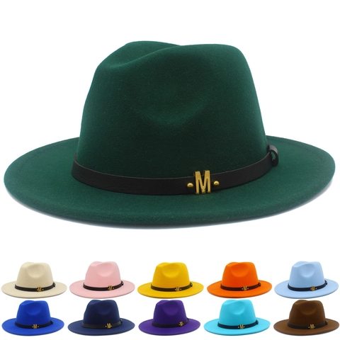 Vintage Wollfilz Fedora Hut Für Damen Herren Breite Krempe Jazz Kappe Mit Metall M Buchstabe Gürtel Dekoration Elegant Herbst Winter