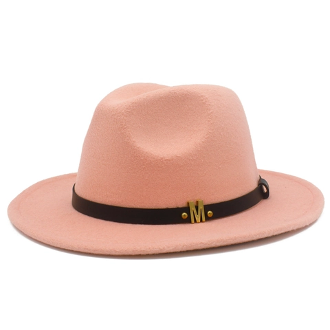 Vintage Wollfilz Fedora Hut Für Damen Herren Breite Krempe Jazz Kappe Mit Metall M Buchstabe Gürtel Dekoration Elegant Herbst Winter