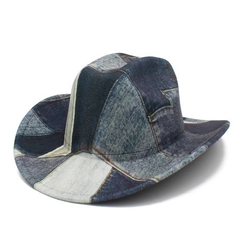 Vintage Denim Patchwork Cowboy Fedora Hat For Men Women Cotton Blend Wide Brim Jazz Party Hat Outdoor Fashion Warm Cap