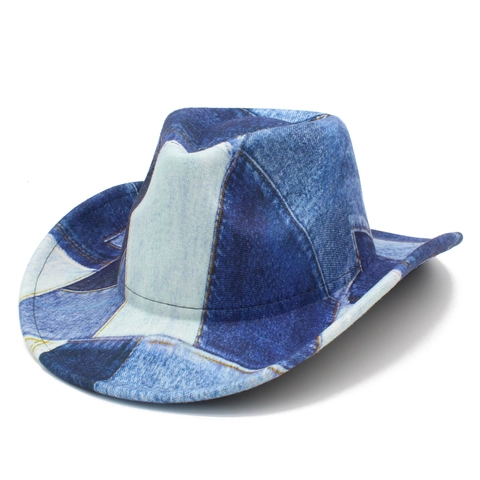 Chapeau de Cow-boy Western Vintage Imprimé Patchwork Denim Fedora à Bord Large pour Hommes Femmes Mode Décontractée Jazz