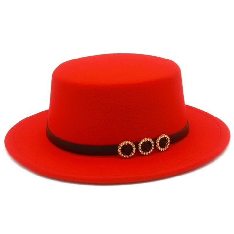 French Vintage Flat Top Boater Hat With Belt Golden Rhinestone Buckle Cotton Polyester Woolen Feel Jazz Hat For Women