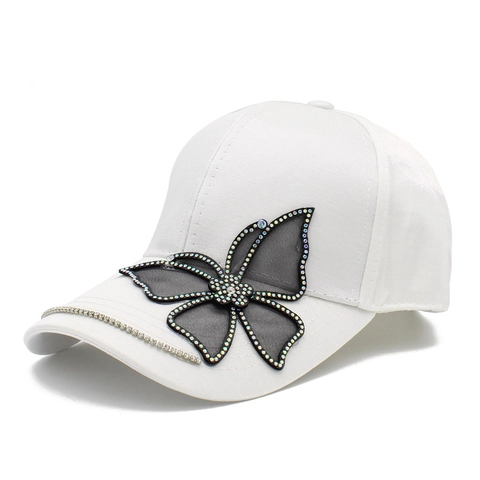 Women's Fashion Satin Butterfly Rhinestone Baseball Cap Korean Style Sparkly Mesh Butterfly Sun Hat Adjustable Casual Peaked Hat