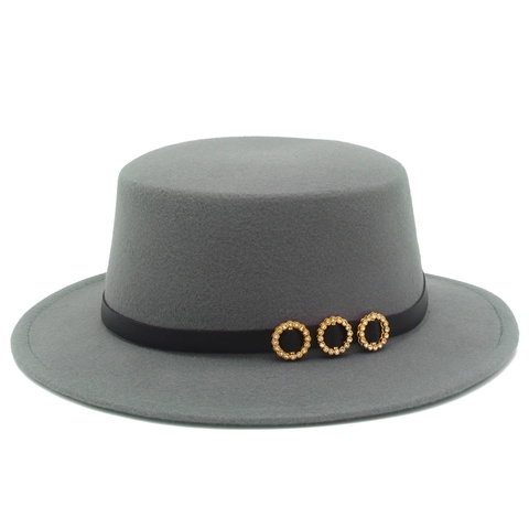 French Vintage Flat Top Boater Hat With Belt Golden Rhinestone Buckle Cotton Polyester Woolen Feel Jazz Hat For Women
