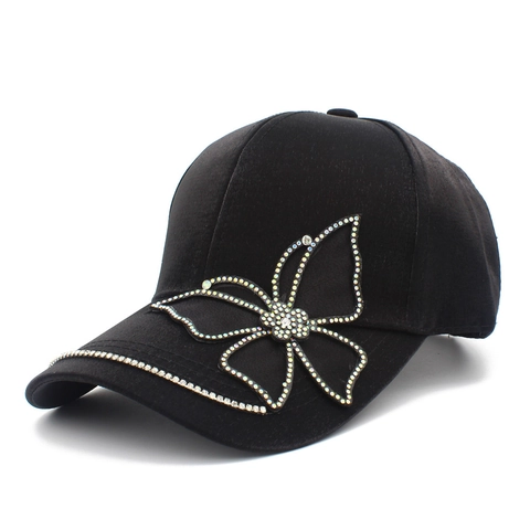 Women's Fashion Satin Butterfly Rhinestone Baseball Cap Korean Style Sparkly Mesh Butterfly Sun Hat Adjustable Casual Peaked Hat