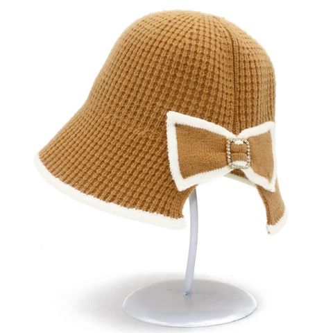 Women Vintage Knitted Bow Bucket Hat Autumn Winter Warm Split Back Contrast Edge Rhinestone Buckle Basin Cloche Hat
