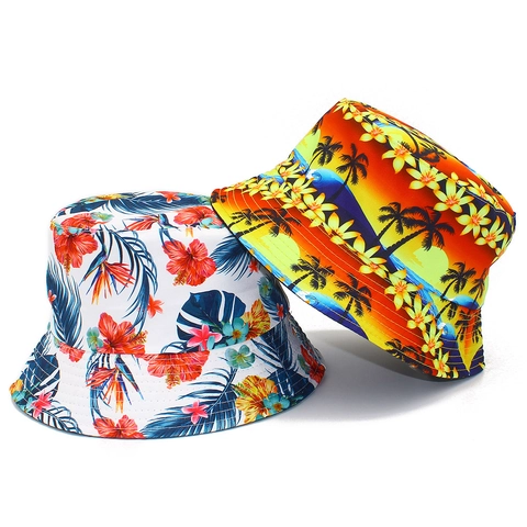 Cappello da Pescatore Reversibile da Donna Stampa Floreale Ibisco Palma Tropicale Protezione Solare Estate Vacanza Mare