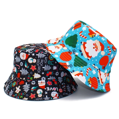 Christmas Santa Claus Snowman Print Bucket Hat Reversible Cotton Festive Fisherman Hat For Women Men Holiday Party Accessory
