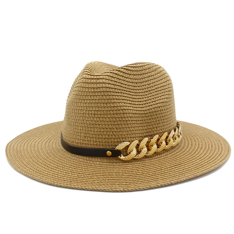 Women Straw Fedora Hat With Metal Chain PU Leather Band Wide Brim Sun Protection Summer Beach Vintage Jazz Woven Straw Hat
