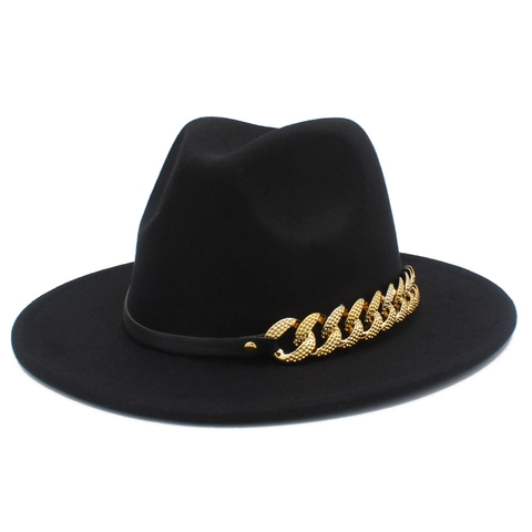 Fashion Wide Brim Wool Fedora Hat Women Casual Sunshade Warm Jazz Cap With Metal Chain Black Belt Decoration Solid Color Outdoor