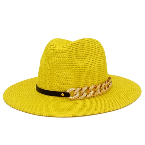Women Straw Fedora Hat With Metal Chain PU Leather Band Wide Brim Sun Protection Summer Beach Vintage Jazz Woven Straw Hat
