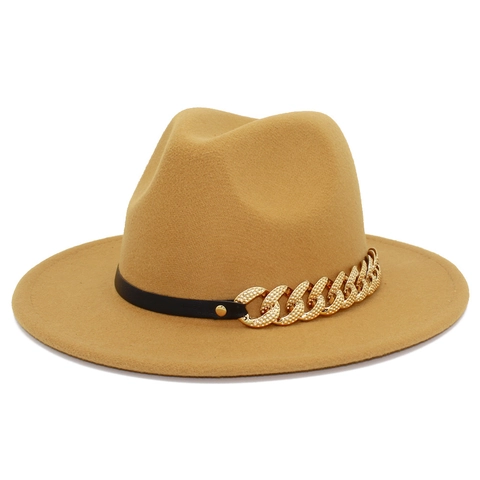 Fashion Wide Brim Wool Fedora Hat Women Casual Sunshade Warm Jazz Cap With Metal Chain Black Belt Decoration Solid Color Outdoor