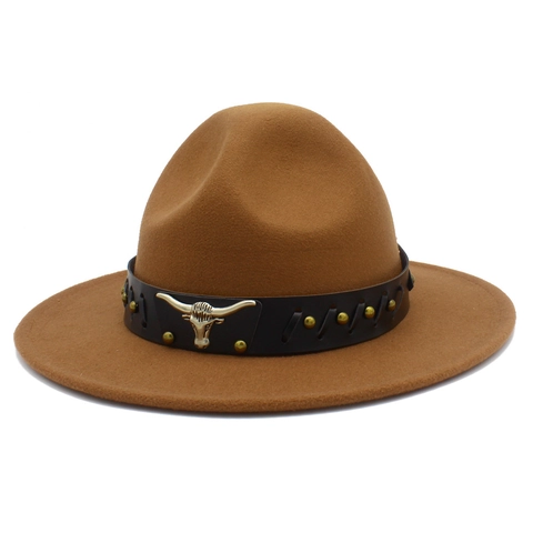 Vintage Western Cowboy Fedora Hat With Metal Bull Head Accessory Wide Brim Felt Jazz Hat For Men Women Streetwear