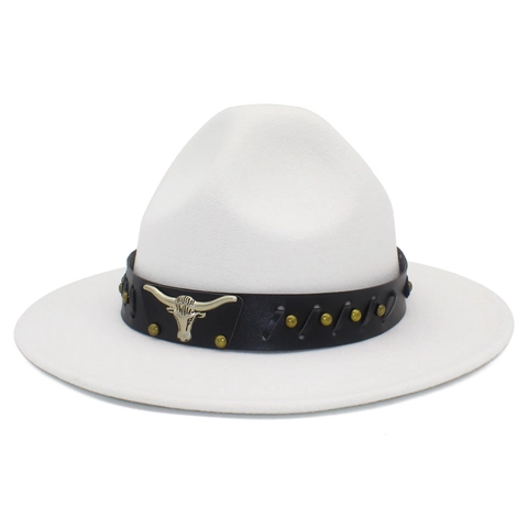 Vintage Western Cowboy Fedora Hat With Metal Bull Head Accessory Wide Brim Felt Jazz Hat For Men Women Streetwear
