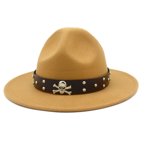 Chapeau Fedora Punk à Large Bord Avec Crâne Rivets Bande en Cuir Hommes Femmes Feutre de Coton Polyester Chapeau Cowboy Jazz Gothique Fête