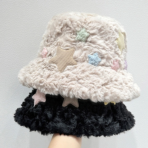 Chapeau de Seau en Fausse Fourrure pour Femmes Automne Hiver Chaud Peluche Patch Étoile Chapeau de Pêcheur Doux Extérieur Filles