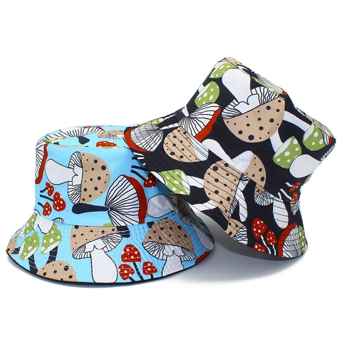 Cartoon Paddenstoel Print Katoen Vissershoed Voor Dames Heren Opvouwbaar Zonbescherming Outdoor Casual Zomer Reis Pet