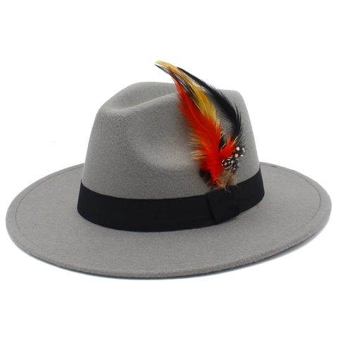 Unisex Vintage Polyester Felt Fedora Hat With Feather Ribbon Decor Wide Brim Jazz Western Cowboy Cap For Men Women