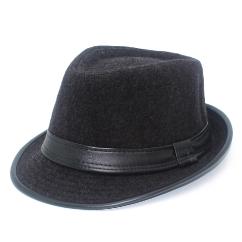 Britischer Stil Herren Fedora Hut Polyester Filz Breite Krempe Jazz Kappe Mit PU Leder Besatz Warm Herbst Winter Hut
