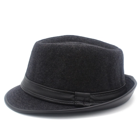 Britischer Stil Herren Fedora Hut Polyester Filz Breite Krempe Jazz Kappe Mit PU Leder Besatz Warm Herbst Winter Hut