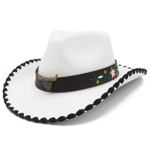 Ethnic Western Cowboy Hat With Bull Head Metal Decor And Floral Embroidery Wide Brim Felt Knight Hat For Women Men