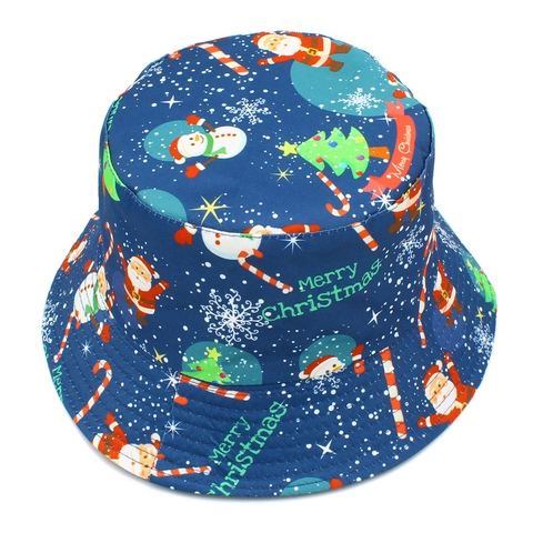 Christmas Reversible Bucket Hat For Men Women Dark Blue Santa Claus Snowman Print Cotton Sun Hat Festive Party Outdoor Fisherman Cap