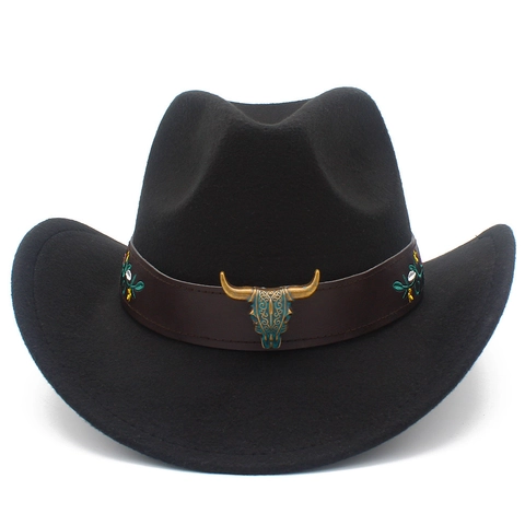 Chapeau de Cow-Boy de l'Ouest pour Femmes Hommes Décor Métallique Tête de Taureau Broderie Florale Ethnique Fedora
