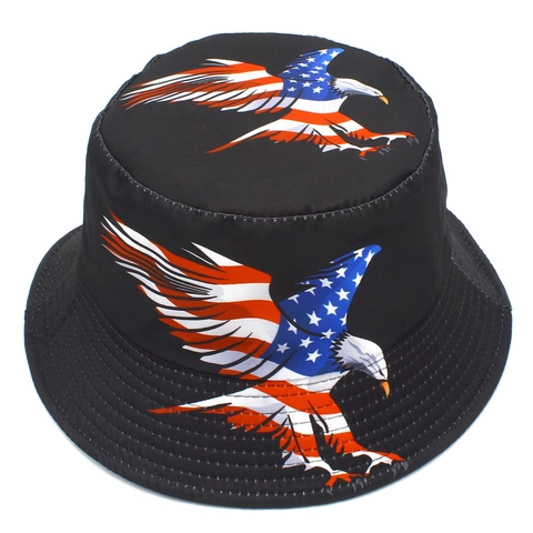 Unisex Cotton Bucket Hat US Flag Eagle Print Sun Protection Outdoor Hip Hop Street Fashion Fisherman Cap Black