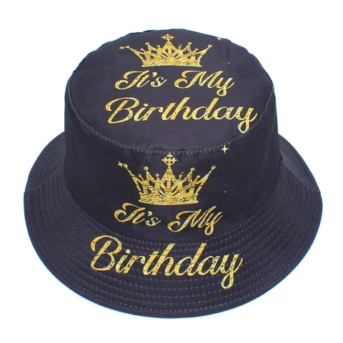 It's My Birthday Crown Print Bucket Hat Reversible Cotton Sun Protection Fisherman Hat For Birthday Party Men Women