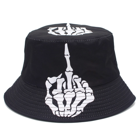 Skeleton Finger Printed Reversible Bucket Hat Streetwear Cotton Sun Shade Fisherman Cap For Men Women Gothic Hip Hop Style