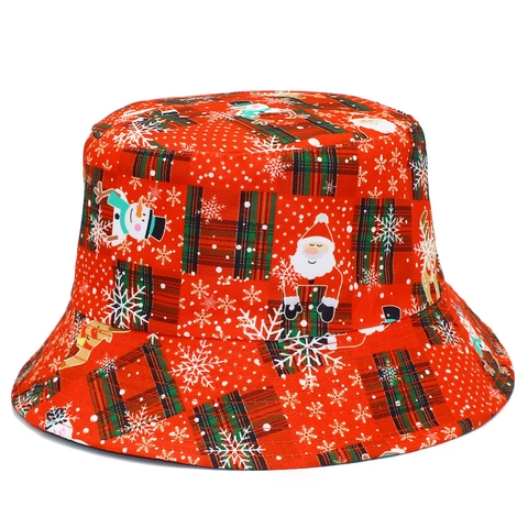 Chapeau Bob de Noël Réversible pour Femmes Double Face Coton Père Noël Bonhomme de Neige Imprimé Chapeau de Pêcheur Noël