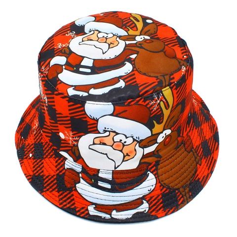 Christmas Reversible Bucket Hat Cotton Buffalo Plaid Santa Claus Reindeer Print Sun Hat For Women Men Outdoor Party Gift