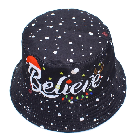 Christmas Reversible Bucket Hat Cotton Believe Print Snowflake Pattern Xmas Holiday Sun Protection Fisherman Cap Women Men