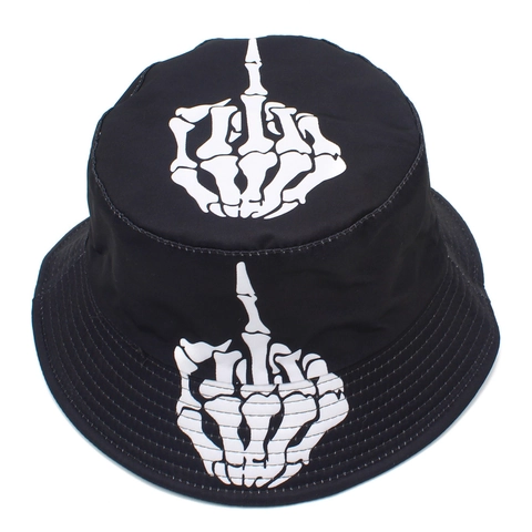 Skeleton Finger Printed Reversible Bucket Hat Streetwear Cotton Sun Shade Fisherman Cap For Men Women Gothic Hip Hop Style