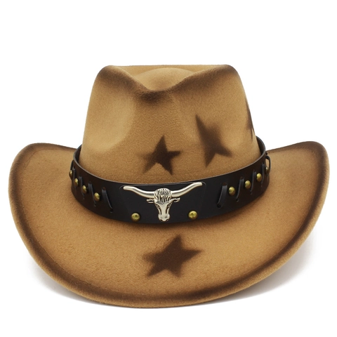 Chapeau de Cow-boy de l'Ouest Avec Rivets Tête de Taureau en Métal Motif Étoile Large Bord Fedora Chapeau de Jazz