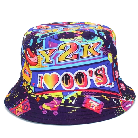 Y2K Retro Print Reversible Bucket Hat Colorful Graffiti Sun Hat For Women Outdoor Casual Cotton Fisherman Hat