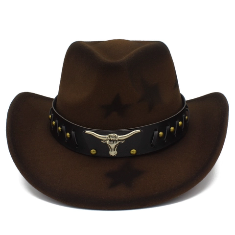 Chapeau de Cow-boy de l'Ouest Avec Rivets Tête de Taureau en Métal Motif Étoile Large Bord Fedora Chapeau de Jazz