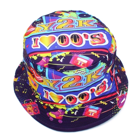 Y2K Retro Print Reversible Bucket Hat Colorful Graffiti Sun Hat For Women Outdoor Casual Cotton Fisherman Hat
