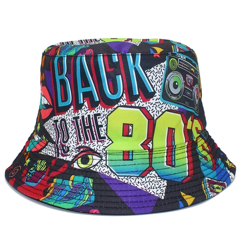 Cappello da Pescatore Vintage Anni 80 Retro Graffiti per Uomo Donna Reversibile in Cotone Streetwear Pop Art Festa Cappello Sole