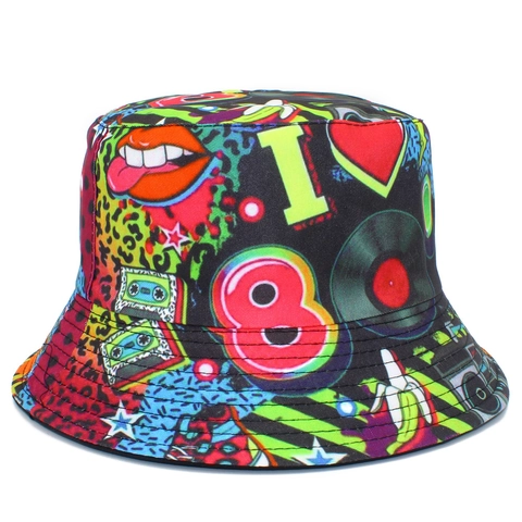 Sombrero de Pescador Reversible de los 80 Pop Art Graffiti Algodón Streetwear Hip Hop Sombrero de Sol Mujer Hombre Accesorio Retro