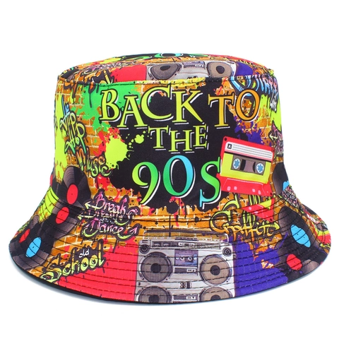 Chapeau Bob Rétro des Années 90 Réversible Coton Graffiti Multicolore Street Hip Hop Disco Fête Protection Solaire Mode Unisexe