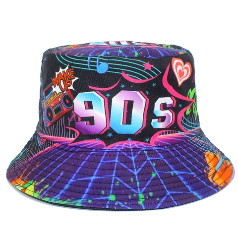 Cappello a Secchiello Reversibile Retrò Anni '90 Stampa Neon Cotone Cappello da Pescatore Berretto da Sole Accessorio di Moda all'Aperto Per Uomo Donna