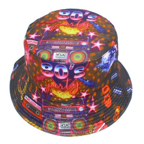 Vintage 80s Party Print Bucket Hat Cotton Reversible Sun Protection Fisherman Hat For Men Women Disco Theme Outdoor Travel