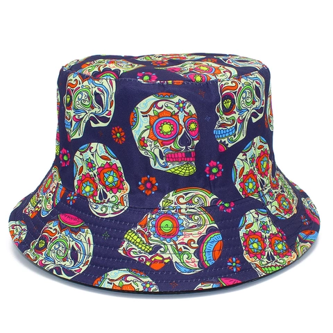 Sombrero de Pescador Reversible de Sarga de Algodón Con Estampado de Calavera de Azúcar Halloween Día de los Muertos Hip Hop Punk Streetwear