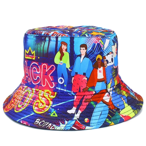 Cappello da Pescatore Graffiti Pop Art Retrò Anni 80 Reversibile Misto Cotone Multicolore Protezione Solare Per Uomo Donna