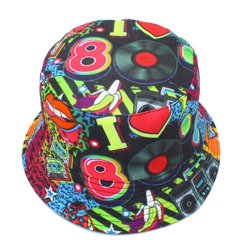 Sombrero de Pescador Reversible de los 80 Pop Art Graffiti Algodón Streetwear Hip Hop Sombrero de Sol Mujer Hombre Accesorio Retro