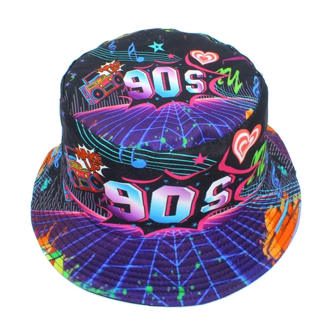 Cappello a Secchiello Reversibile Retrò Anni '90 Stampa Neon Cotone Cappello da Pescatore Berretto da Sole Accessorio di Moda all'Aperto Per Uomo Donna
