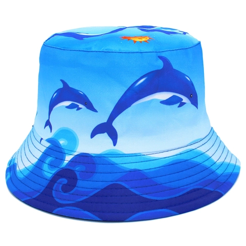 Ocean Animal Dolphin Pattern Bucket Hat For Adult Reversible Cotton Sun Protection Fisherman Hat Outdoor Beach Travel Cap