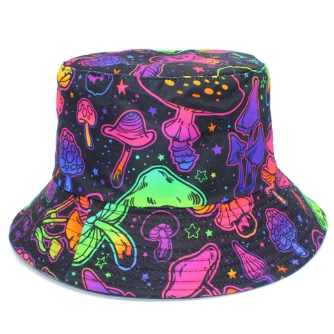Cappello Da Pescatore Reversibile Con Stampa Funghi Neon In Cotone Doppia Faccia Protezione Solare Streetwear Per Uomo Donna