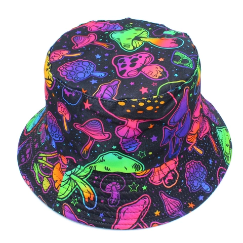 Cappello Da Pescatore Reversibile Con Stampa Funghi Neon In Cotone Doppia Faccia Protezione Solare Streetwear Per Uomo Donna